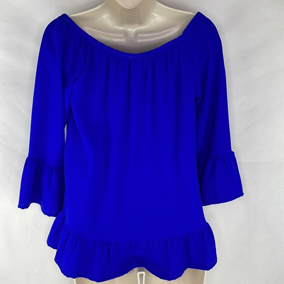 Royal Blue Off the Shoulder Top Flounce Cuff & Hem - Picture 4 of 6